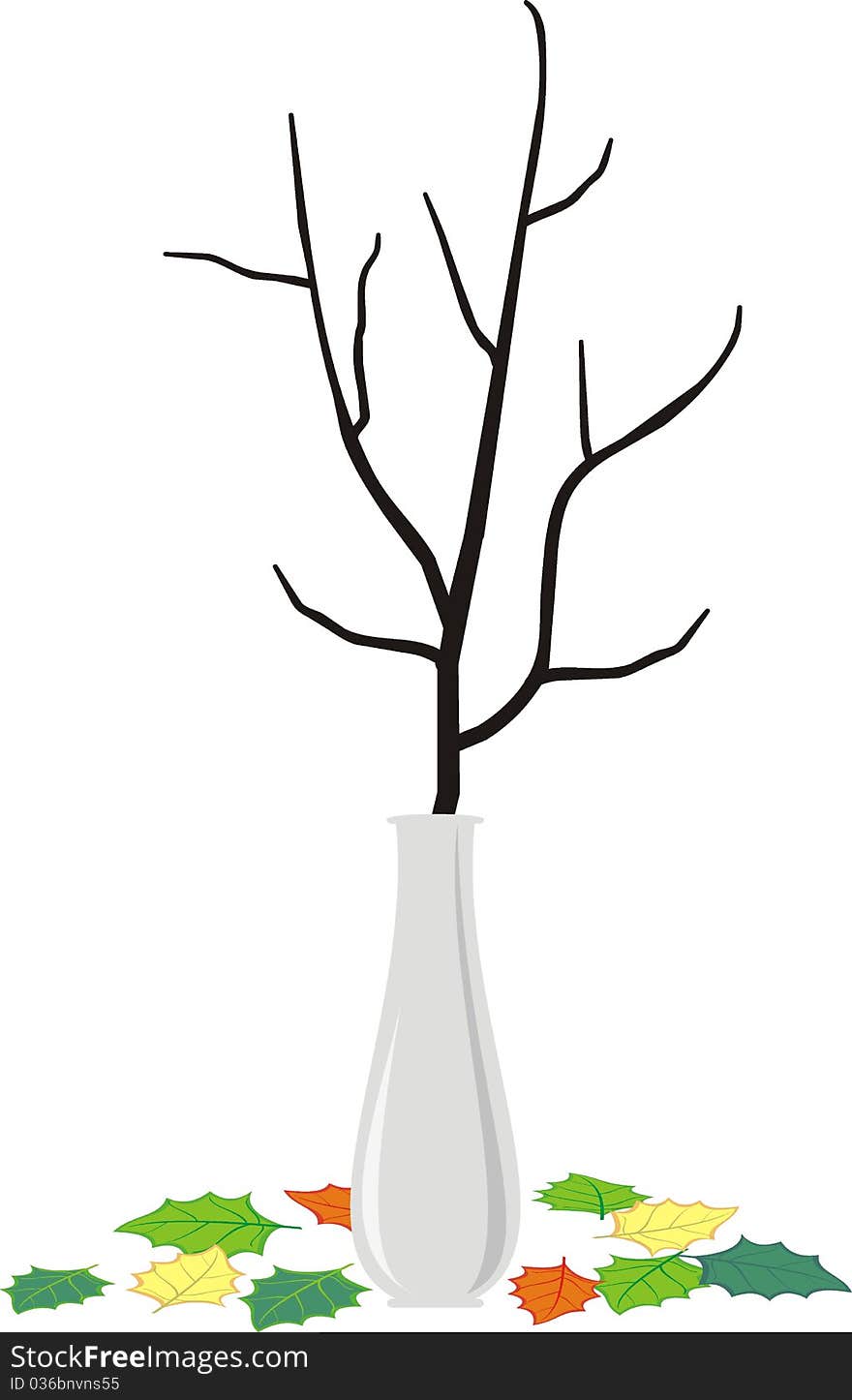 Isolated vector illustration - Dry branch of the tree in an elegant white vase and fallen down leaves - cartoon style. Isolated vector illustration - Dry branch of the tree in an elegant white vase and fallen down leaves - cartoon style