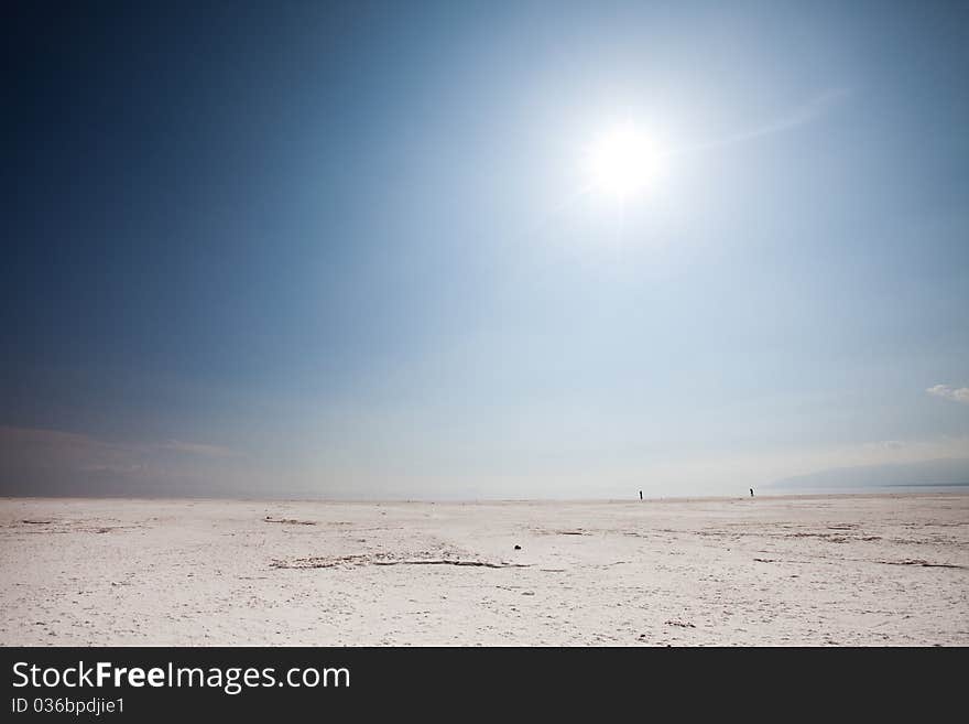 Salt lake. Beautiful blue sky.