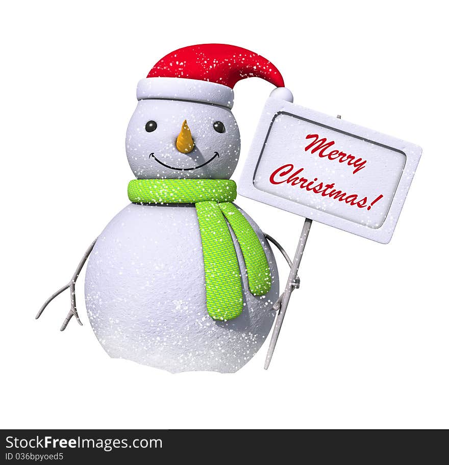 Snowman holding a board with a message Merry Christmas