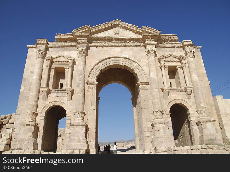 Front view of Hadrian's Arch in Jerash, Jordan