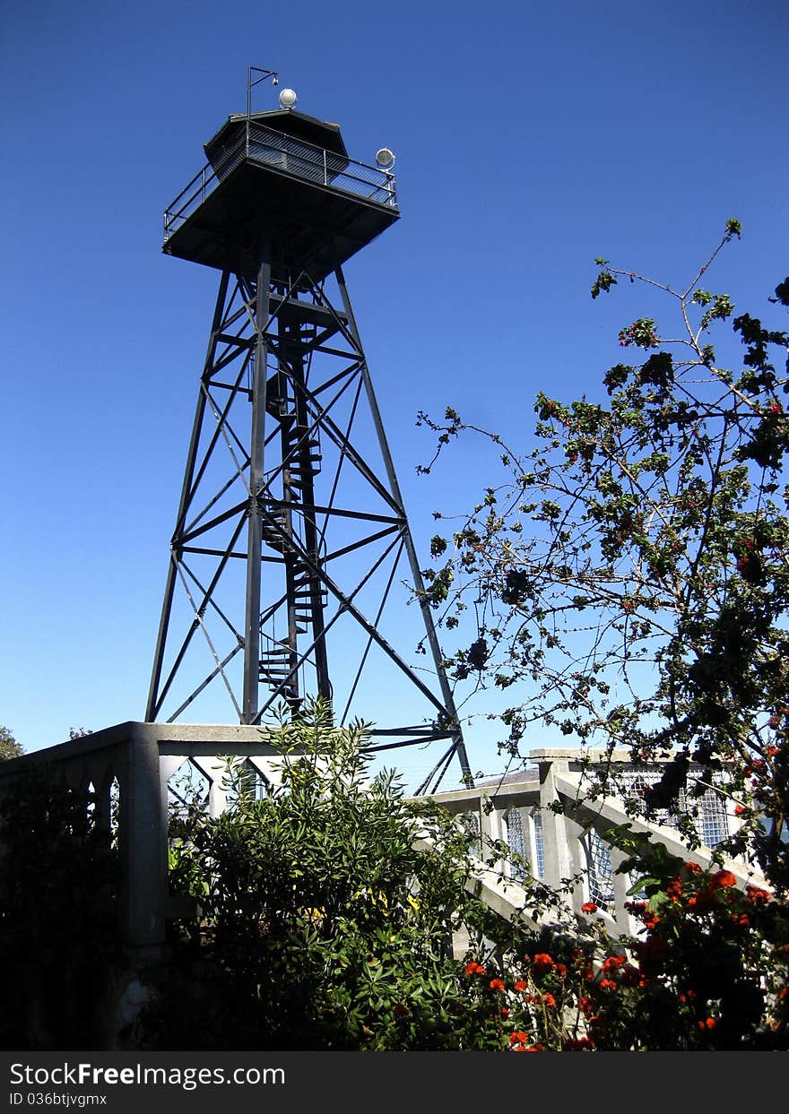 Black watchtower overlooking Alcatraz Island, CA