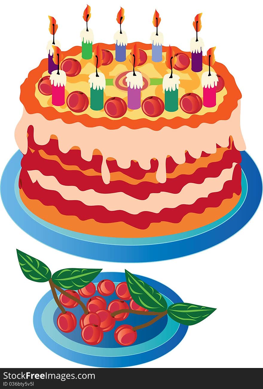 Cake with cherries for a birthday celebration.Vector illustration. Cake with cherries for a birthday celebration.Vector illustration.