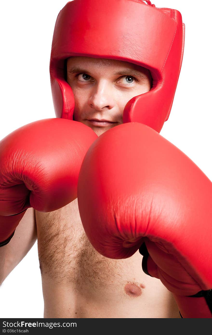 Professional fighter with boxing gloves and protective headgear isolated on white background. Professional fighter with boxing gloves and protective headgear isolated on white background