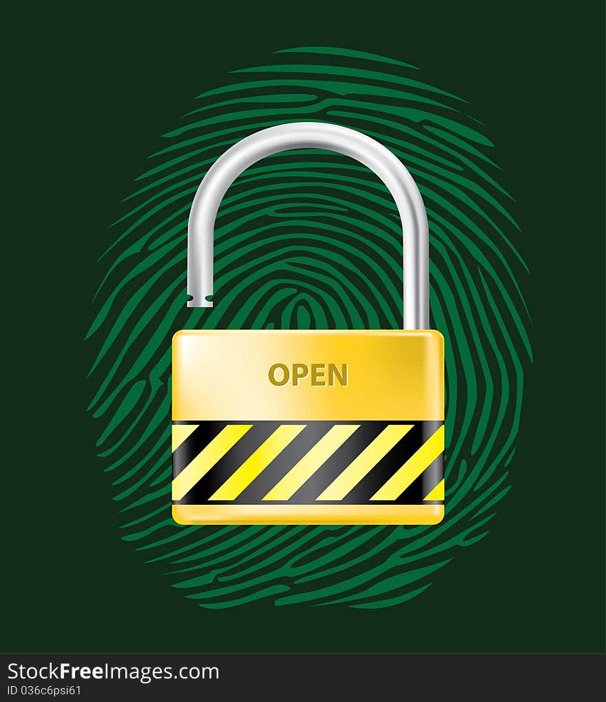 Padlock open on fingerprint background realistic illustration