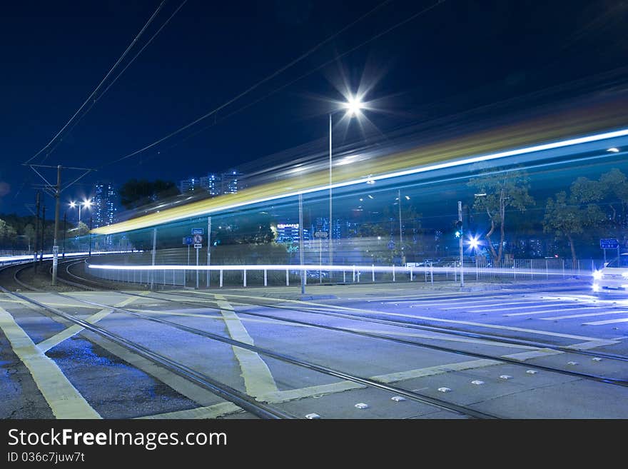 Light Rail In Moving Motion In Hong Kong