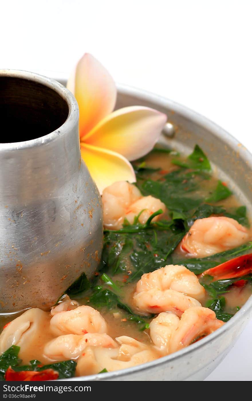 Thai Dishes - Tom Yam Kung. Spicy Shrimp Soup with White Background