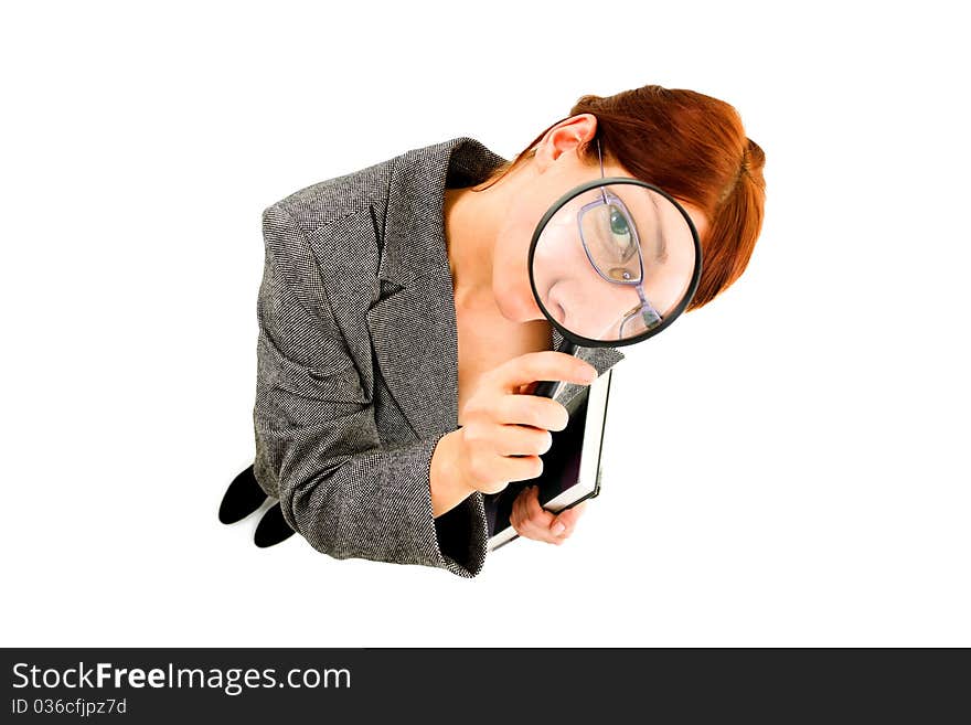 Woman in research wiith magnifying glass. Woman in research wiith magnifying glass