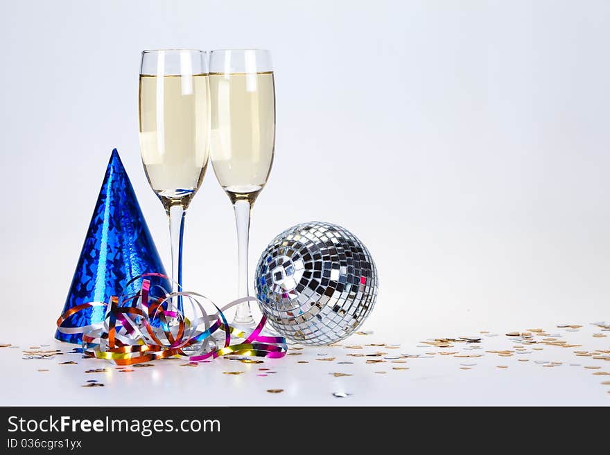 Champagne and glass on the white background. Champagne and glass on the white background.