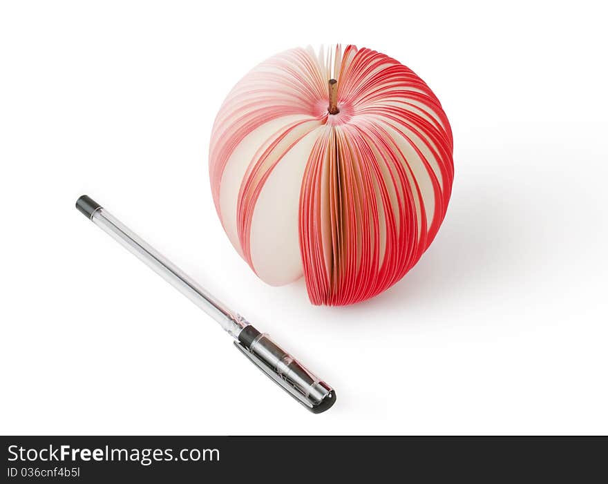 Creative notice paper in the shape of apple and a pen isolated on white with clipping path