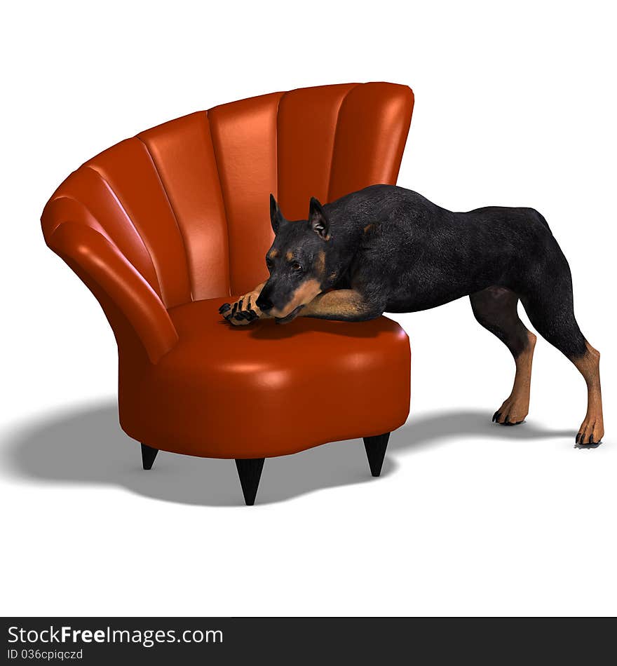 Black Doberman Dog. 3D rendering with clipping path and shadow over white