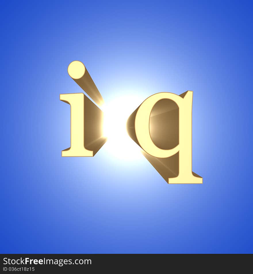 Gold sign IQ symbolizes mind and knowledge. It is represented against the sky in sun beams. Gold sign IQ symbolizes mind and knowledge. It is represented against the sky in sun beams.