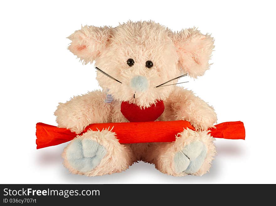 Rose bear toy with candy isolated on white