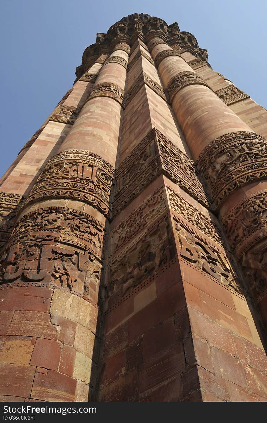 Lower angle of the Qutb Minar in Delhi.