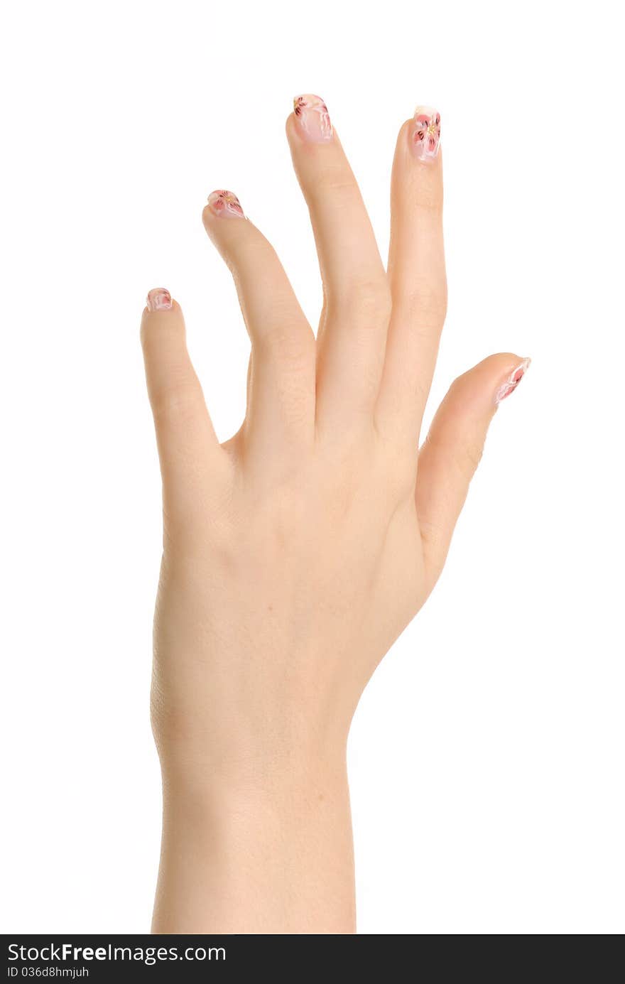 Female hand with a manicure on a white background