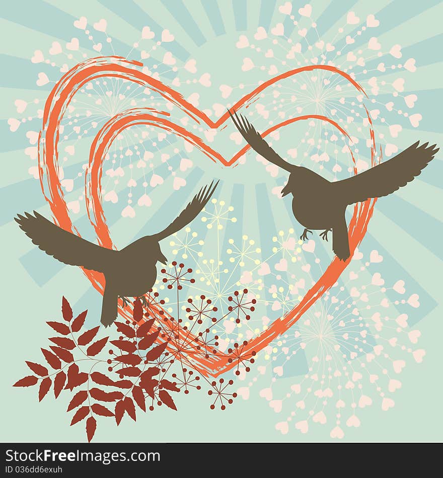 Retro stylized grunge floral background - hearts and birds. Retro stylized grunge floral background - hearts and birds