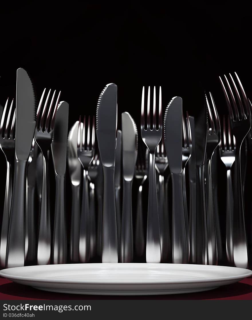 Knifes and forks around dinner plate. 3D illustration. Knifes and forks around dinner plate. 3D illustration