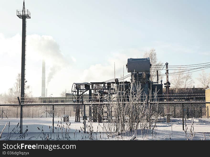 Little electric station on winter day