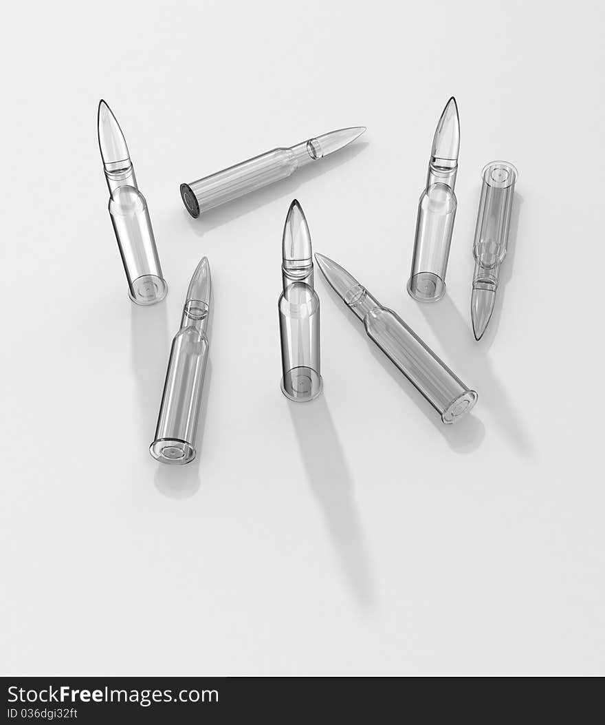 White transparent glass cartridges on white background