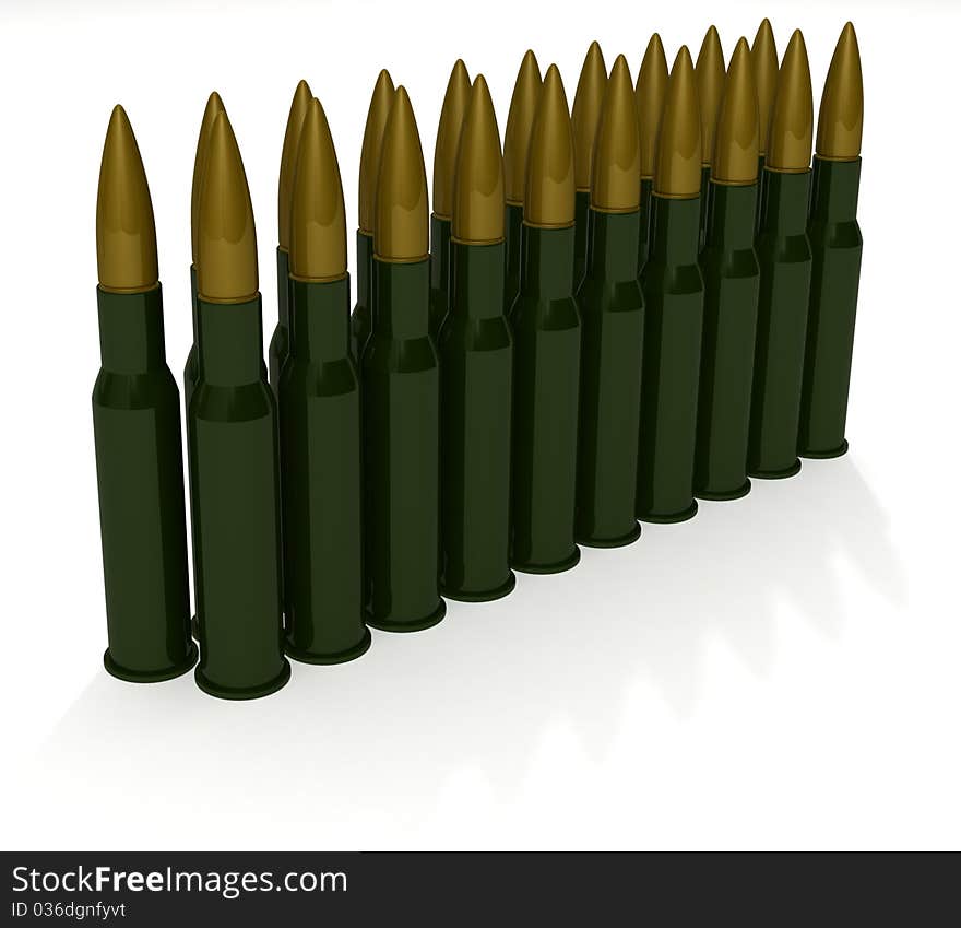 Cartridges for machine gun Kalashnikov on white background