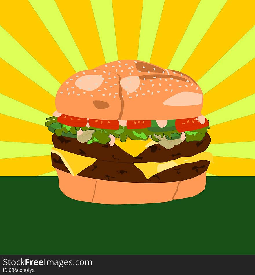 Illustration of a double cheeseburger with green and yellow background.