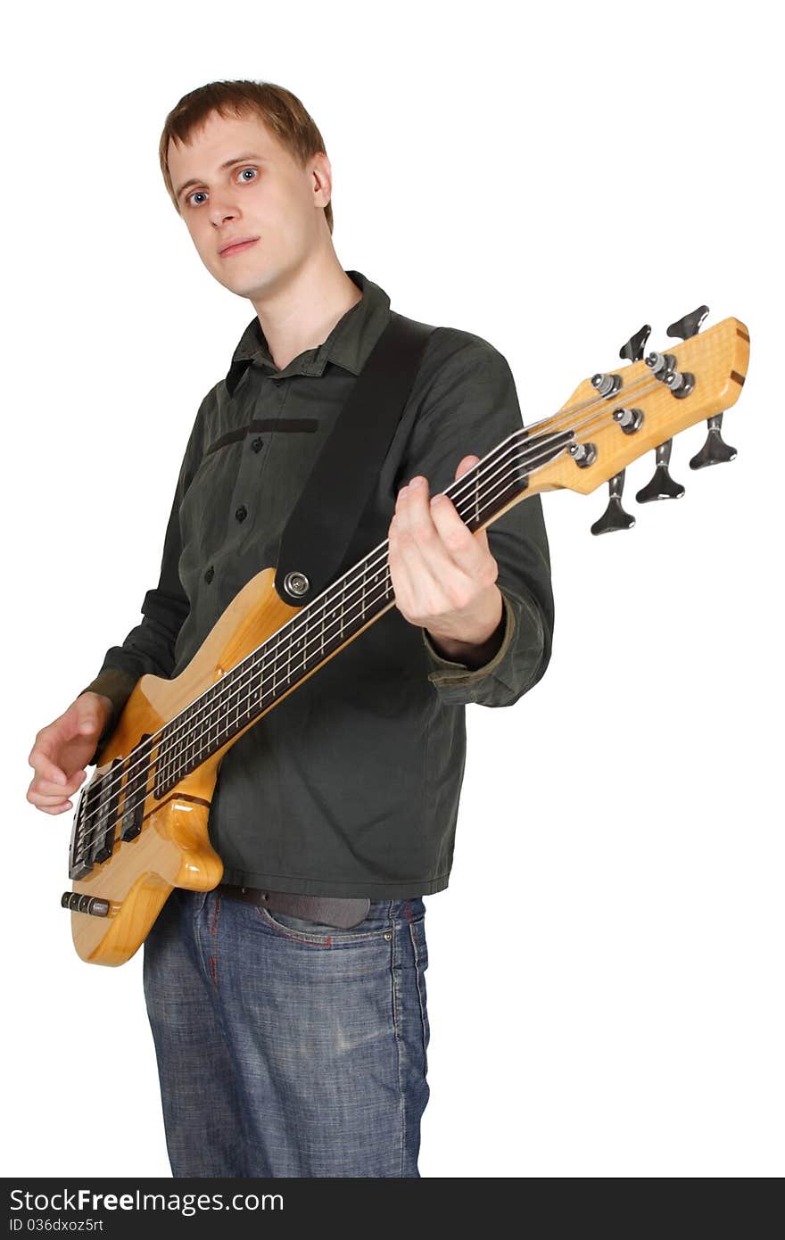 Young caucasian man with bass guitar, half body, looking at camera, isolated. Young caucasian man with bass guitar, half body, looking at camera, isolated