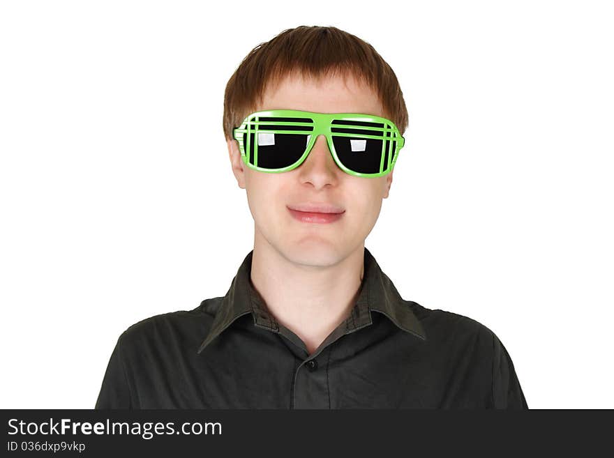 Young man in modern club sunglasses smiling isolated