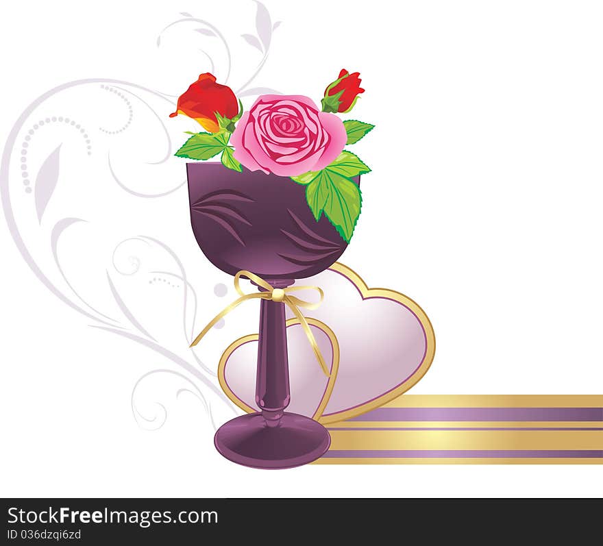 Vase with bouquet of roses and hearts. Illustration