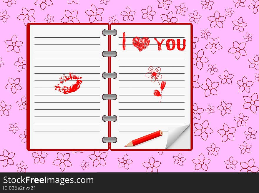 Hand-drawn heart and love messages on notebook paper with pencil. Vector. Hand-drawn heart and love messages on notebook paper with pencil. Vector.