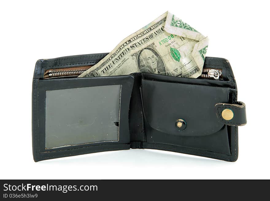 A wallet with one dollar on the white background.