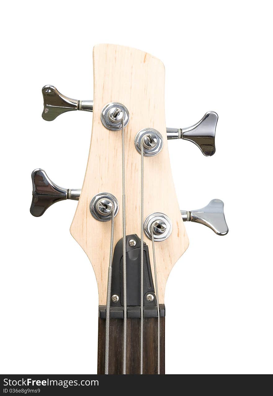 Bass guitar fingerboard head with stainless metal pins for tuning strings and strained strings. Bass guitar fingerboard head with stainless metal pins for tuning strings and strained strings