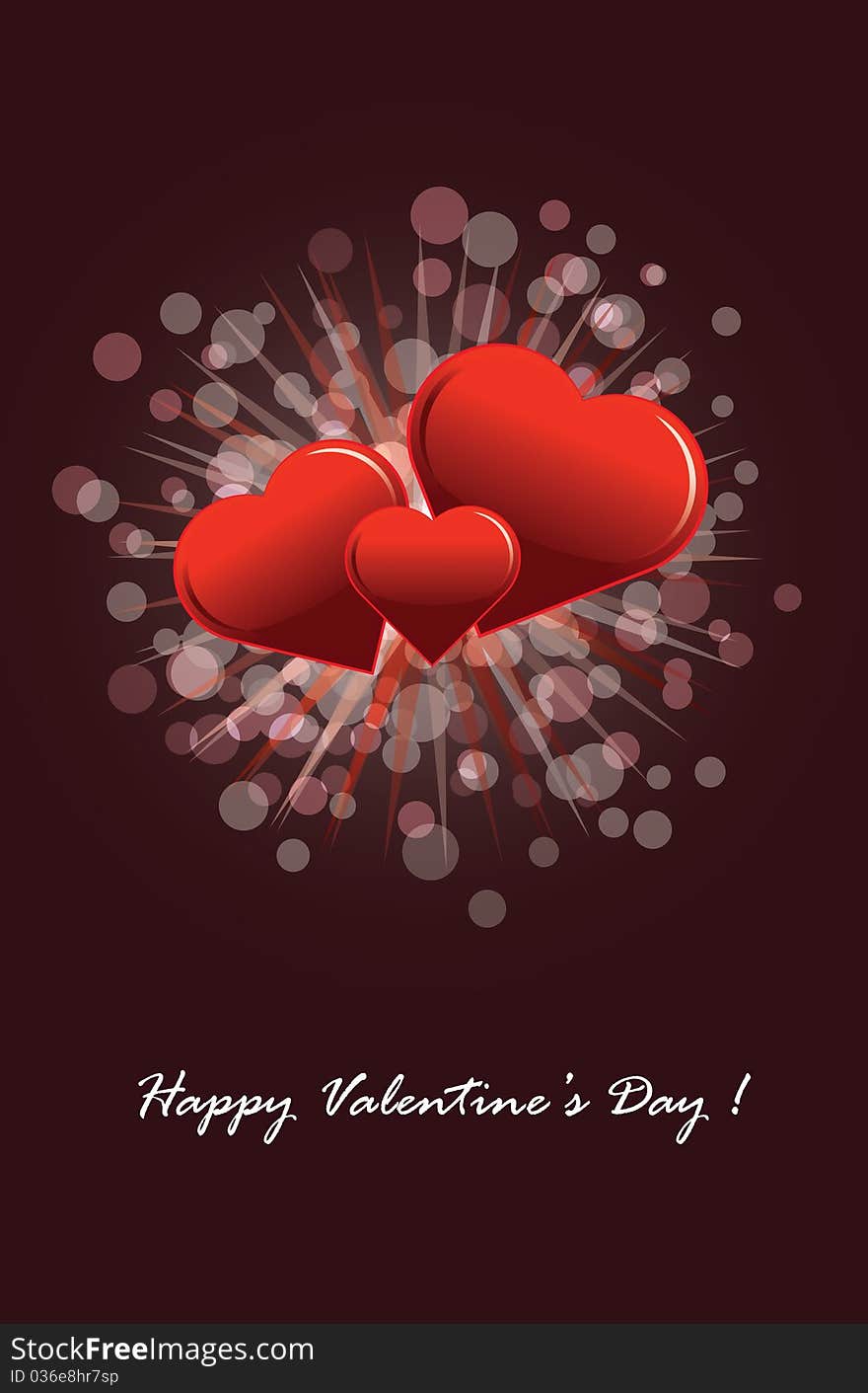 Elegant Valentine's Day postcard with three stylish red hearts and a splash of colorful circles