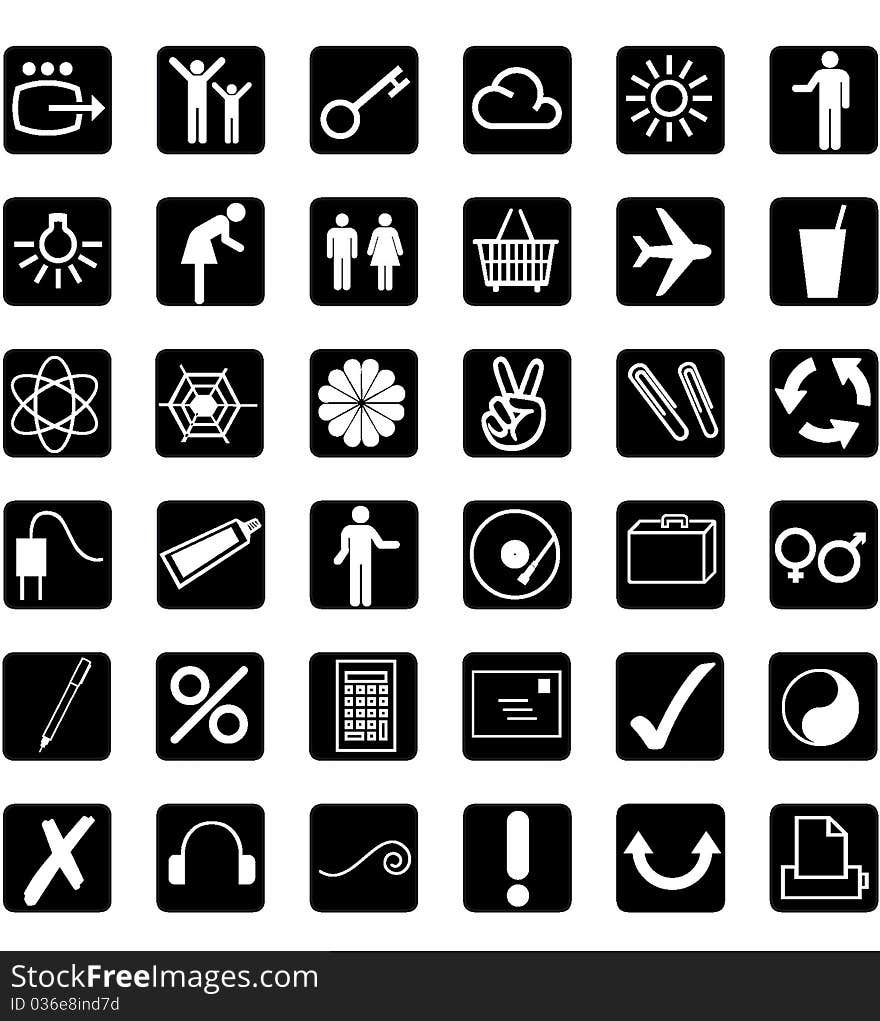 36 Different Icons - White - Background Black