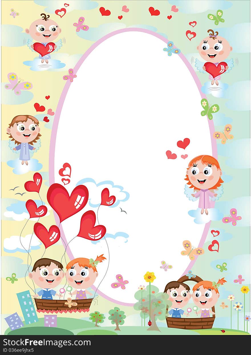 Summer :oval frame with children butterflies and hearts. Summer :oval frame with children butterflies and hearts