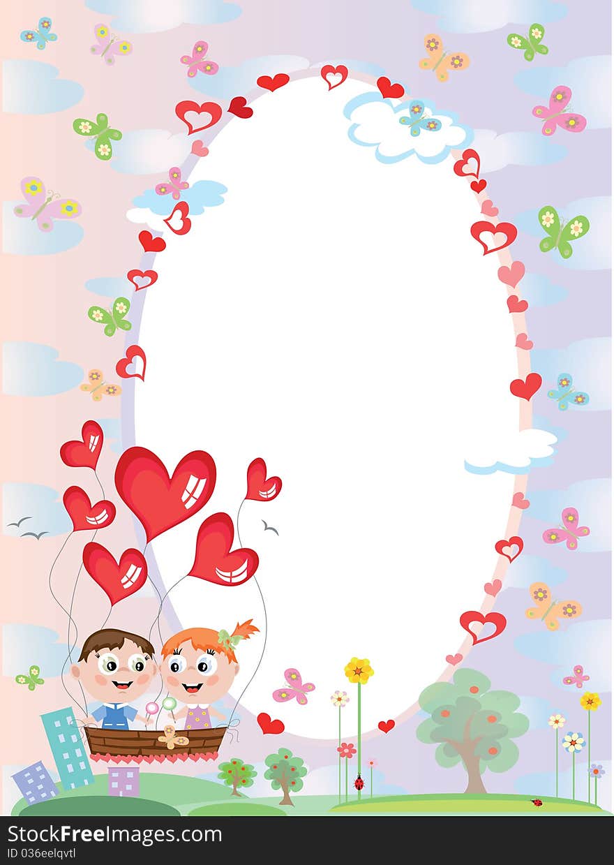 Summer :oval frame with children butterflies and hearts. Summer :oval frame with children butterflies and hearts