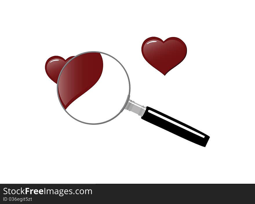 Magnifying glass with hearts, symbolizing the search for love. Magnifying glass with hearts, symbolizing the search for love