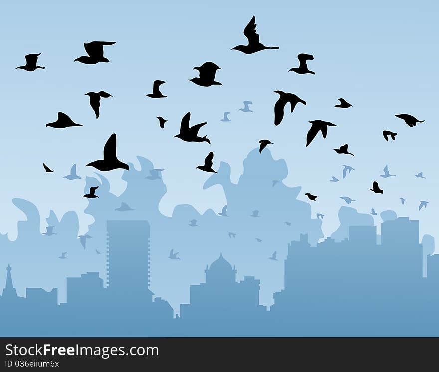 Birds fly by over a city. A illustration. Birds fly by over a city. A illustration