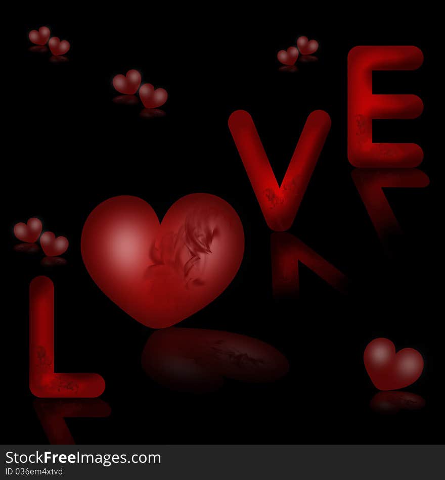 Word love and red hearts on black background. Word love and red hearts on black background