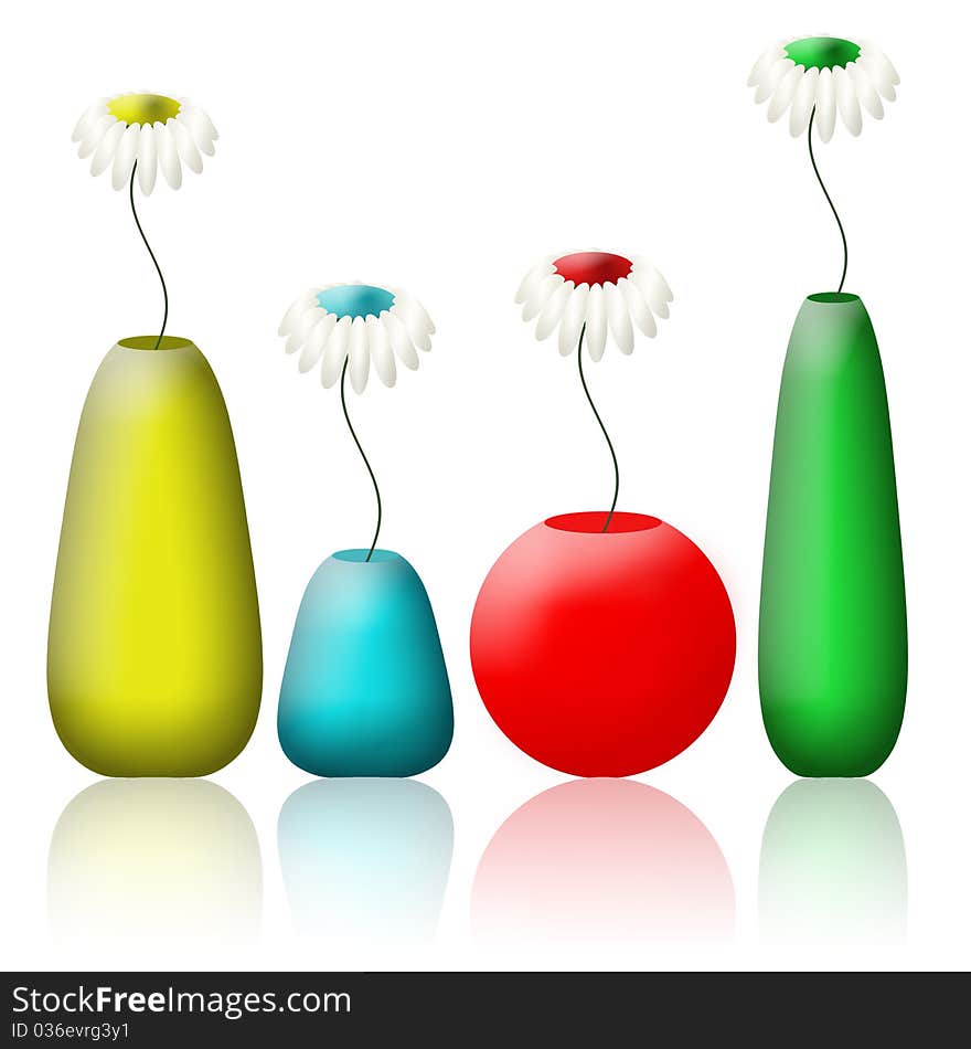 Color vases isolated with flowers camomiles on white background. Color vases isolated with flowers camomiles on white background