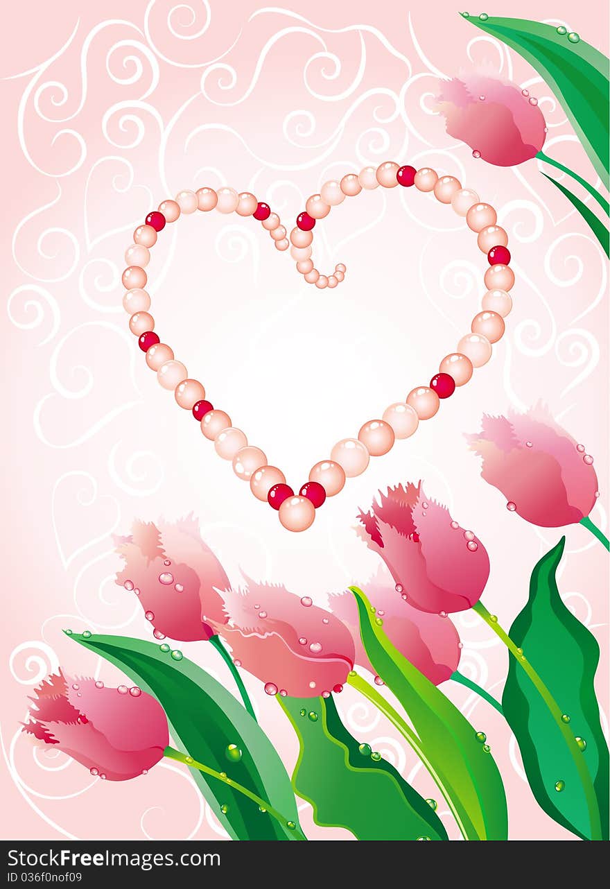 Pink pearls with pink tulips on abstract background. Pink pearls with pink tulips on abstract background