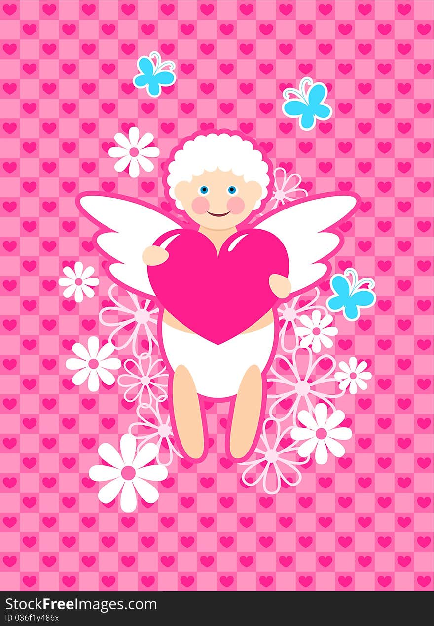 Cute cupid on pink background with hearts