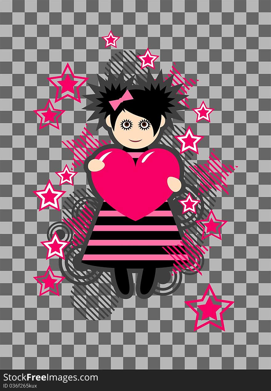 Emo girl and heart. Vector illustration