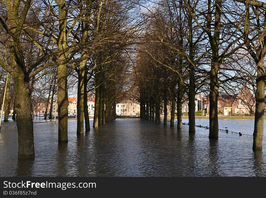 High water near center of little city in Holland. High water near center of little city in Holland