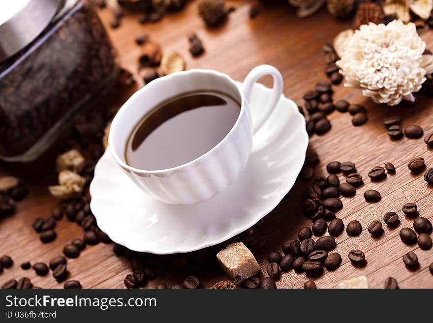 Aroma coffee over wooden background