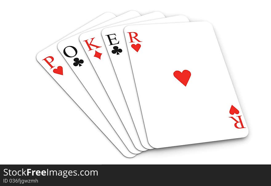 Five playing cards making poker word. Five playing cards making poker word