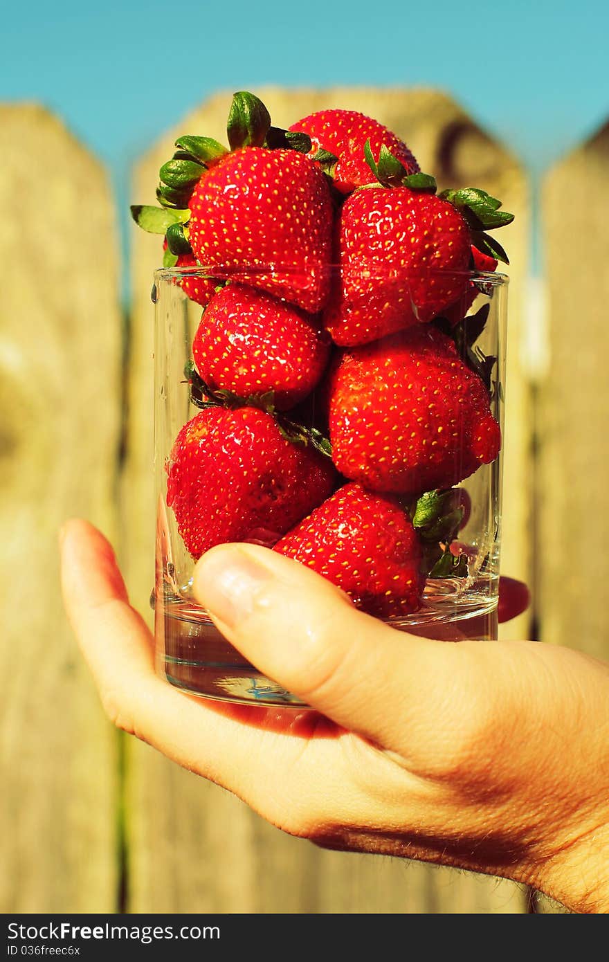 Strawberry in glass in hand