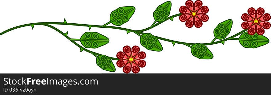 Fresh green thorny rose branch with ornamental leaves and blooms in folk style. Fresh green thorny rose branch with ornamental leaves and blooms in folk style.