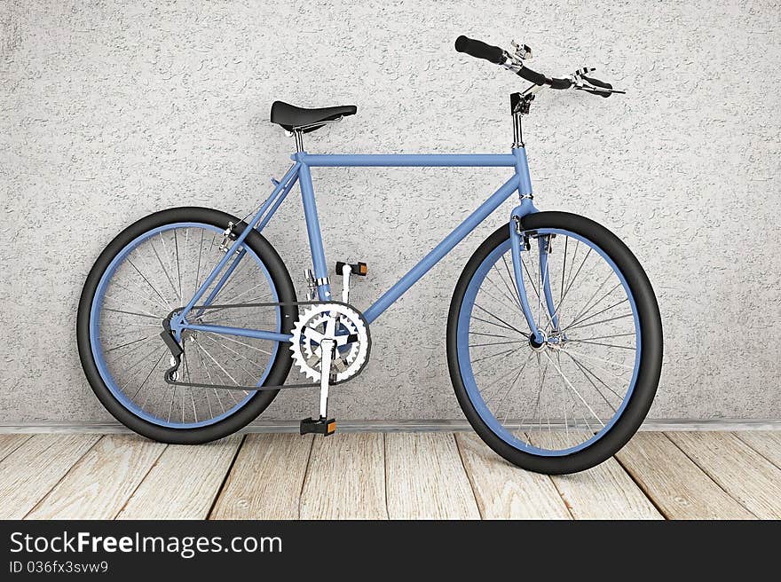 Bicycle with a blue frame in an empty old room with wooden floors