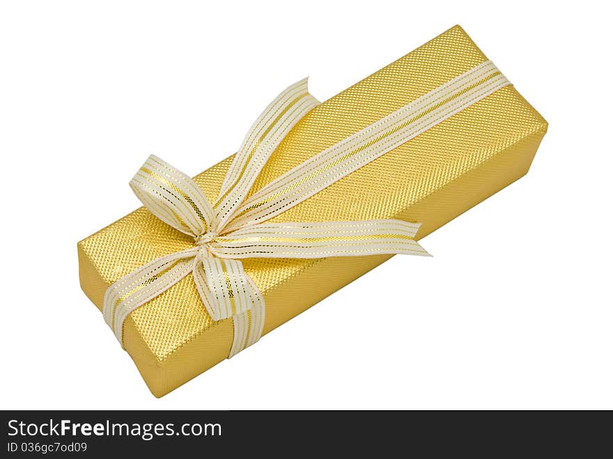 Gold gift box with gold ribbon on white background.