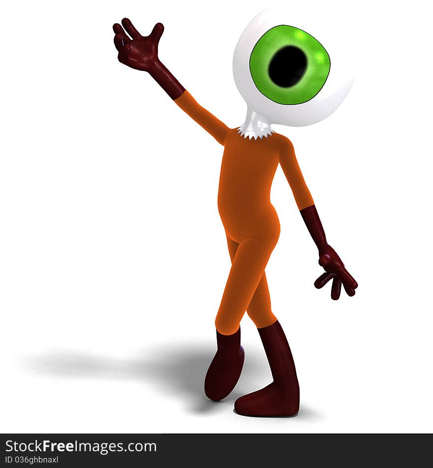 Funny and cute cartoon guy with a great eye. 3D rendering with clipping path and shadow over white