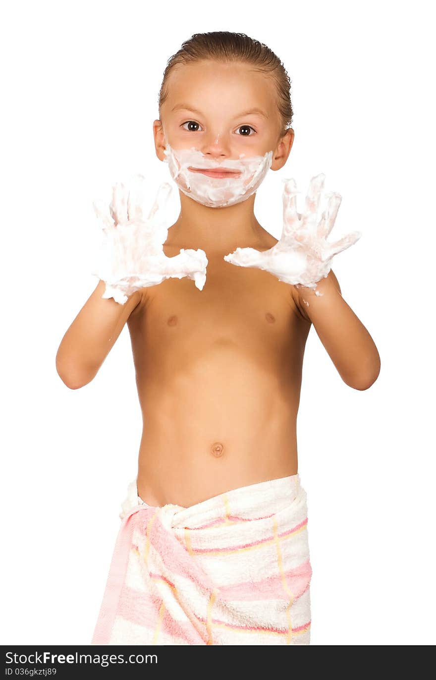 Little boy shaving isolated on white background